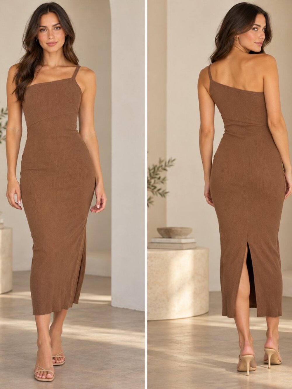 House of Harlow 1960 Brown Asymmetric Strap Midi Dress XS